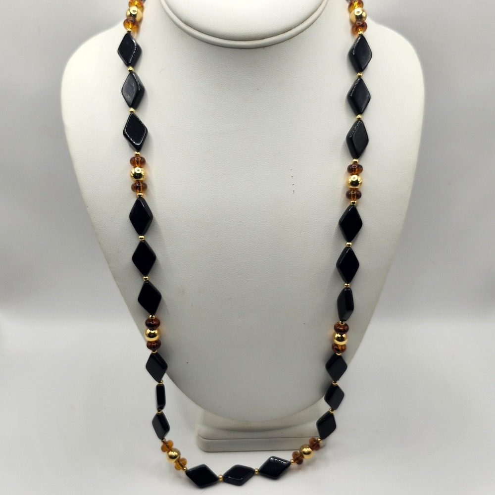 Trifari‎ Vintage Black Diamond Bead Gold Tone Long Strand Necklace Jewelry